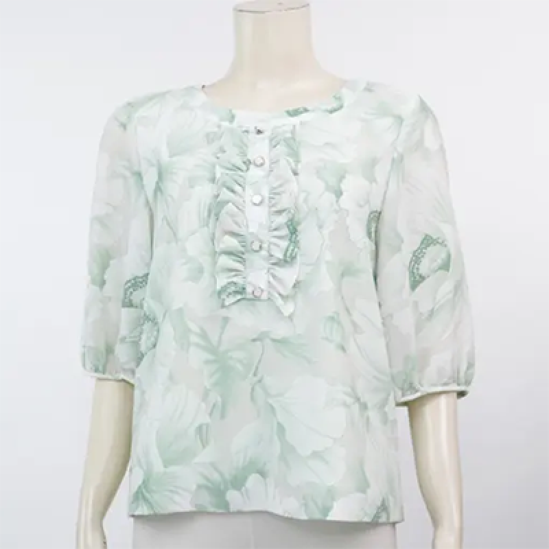Mikiko, boat neck blouse, 3/4 sleeves, chiffon fabric, green tone, floral pattern