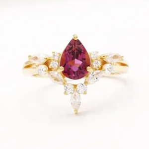 Glitz Jewels 925 Sterling Silver Ring, 18K Gold Plated, Pink Tourmaline and White Zircon